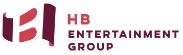 A red and white logo for hb entertainment group.